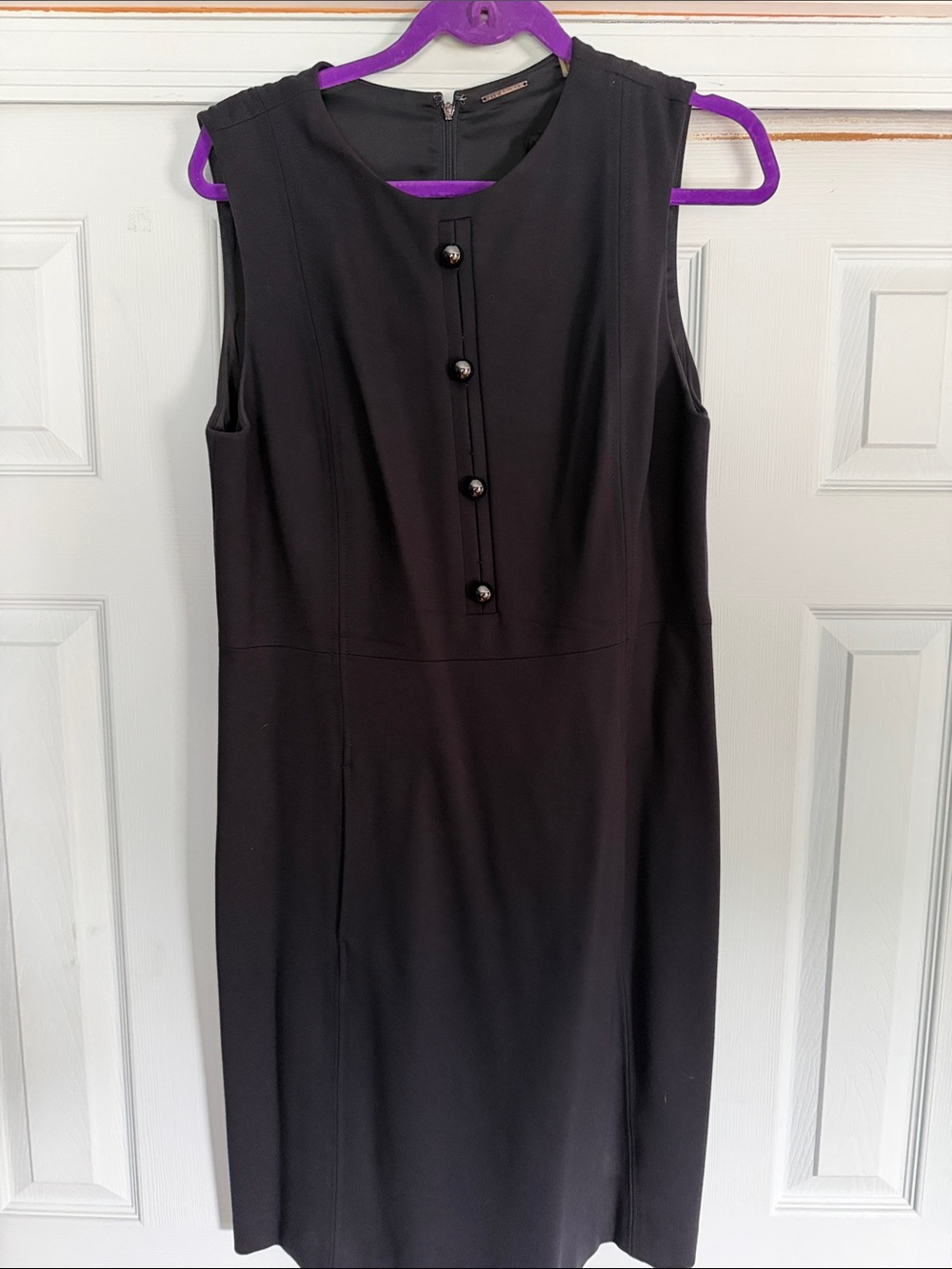 Elie Tahari Black Sleeveless Midi Sheath Dress with Button Placket